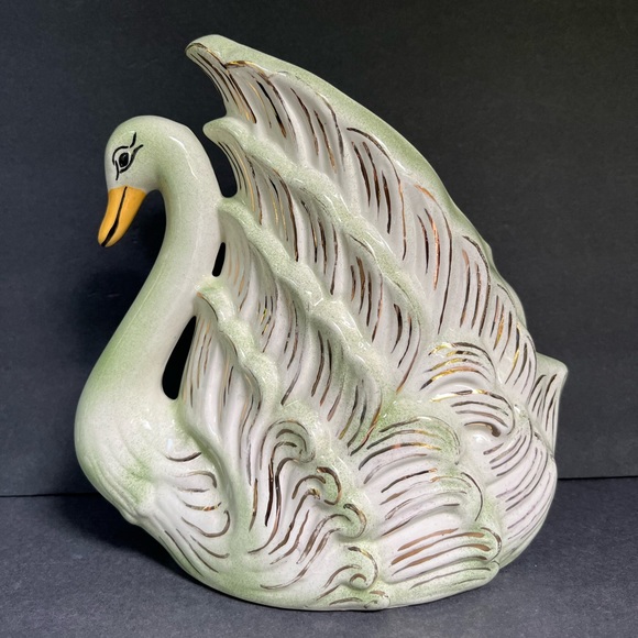 VTG Large Vase Swan Green Victorian Gold Figural Planter Ceramic - Picture 4 of 7